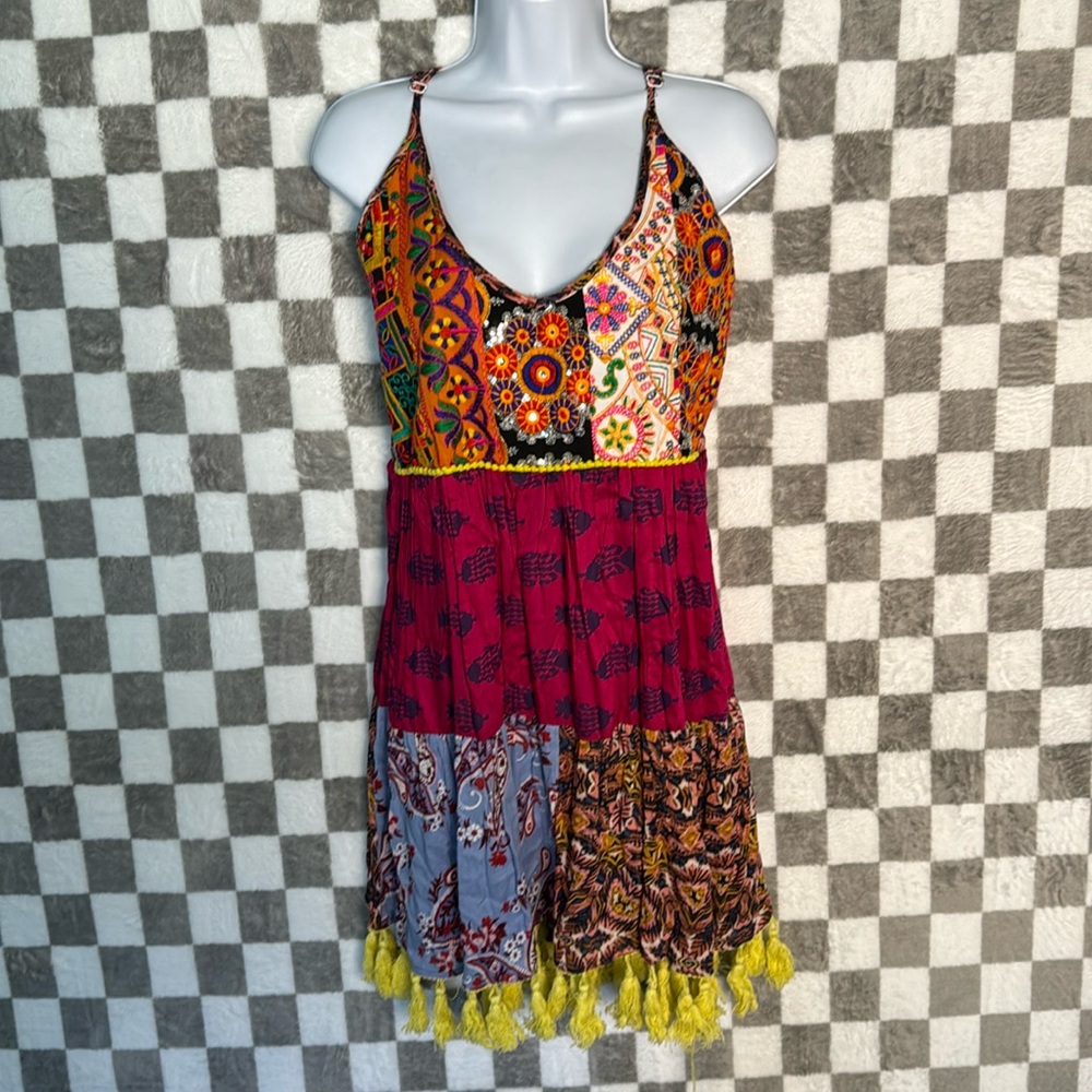 Anandas collection Boho adjustable strap multi color patch embroidered dress M
